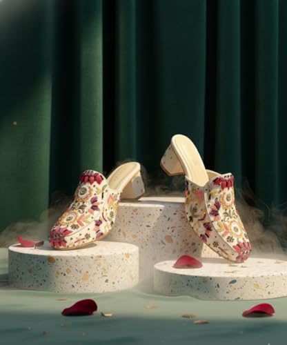 Image of Women's Hand-Embellished Floral Mules - Ornate Beaded Low Block Heel Slides - Artisanal Sequin & Threadwork Ethnic Party Shoes - Off-White /Magenta /Gold (UK Footwear Size System, Adult, Women, Numeric, Medium, 5)