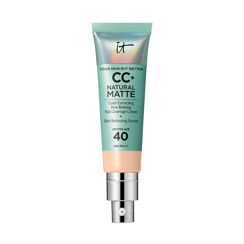 IT Cosmetics Full Coverage Foundation, Natural Matte, Made with Hyaluronic Acid, SPF 40 Protection, Your Skin But Better CC+, Shade: Fair Beige, 32ml