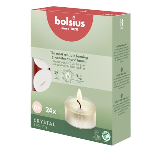 bolsius Teelichter Clear Cup Transparente Hülle Weiß Brenndauer 6 Stunden - 24 Stück im Karton mit Pflanzliches Wachs 6h box 24