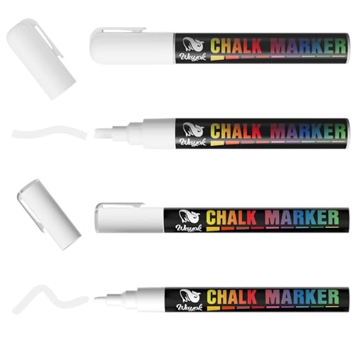 WISYOK White Liquid Chalk Pens, 3mm and 6mm Reversible Bullet & Chisel Point Chalk Markers, Erasable Marker Pens for Chalkboard, Window, Glass, Jars and Mirror- 4 Pack