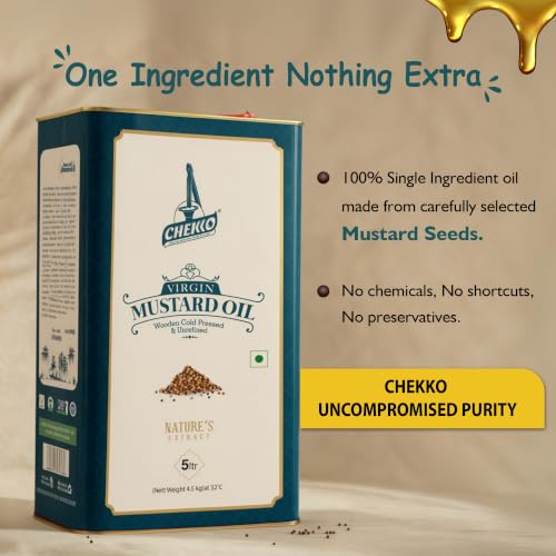 Image of Chekko Cold Pressed Mustard Oil 5 Litre Tin | Kachi Ghani Yellow Mustard Oil | 100% Pure Wood Pressed Edible Cooking Oil for Frying, Pickles, Sauteing & Traditional Indian Cooking | Natural Unrefined Mustard Oil Bulk Pack for Daily Kitchen Use