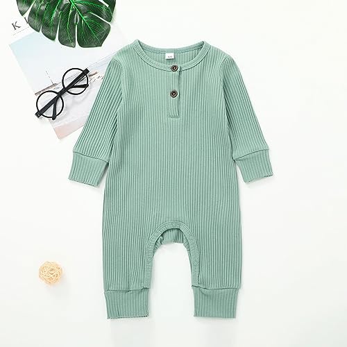 Newborn Baby Boy Romper Plain Long Sleeve Ribbed Button Deco Jumpsuit Bodysuit Baby Girl Photoshoot Outfit2