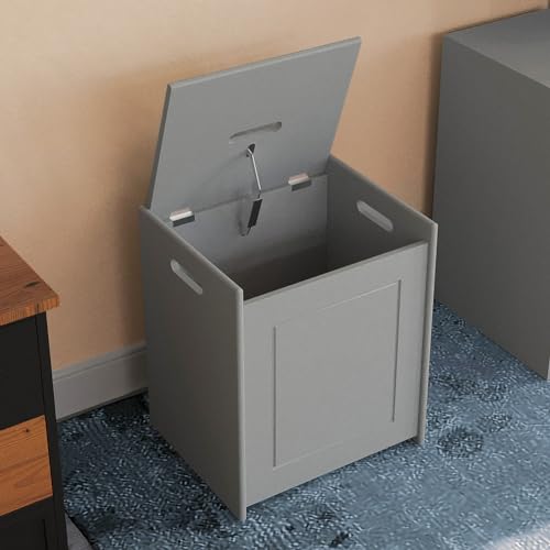Bakaji Cesto Portabiancheria Da Bagno Linea Pietra Con Coperchio Antiodore, Cesta Panni Sporchi Salvaspazio Con Maniglie In Legno Mdf, Contenitore Per Biancheria Sporca (Grigio) - 4