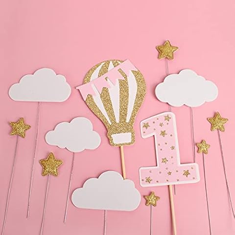 24 Pcs Birthday Cake Toppers 1st Baby Cake Toppers Cloud Cupcake Toppers Balloon Cake Decorations Glitter Cupcake Toppers for Baby First Birthday Cover