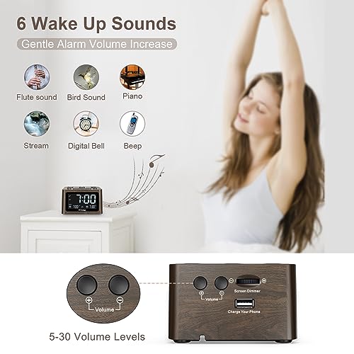 Reacher Wooden Dual Alarm Clock And White Noise Machine - Adjustable Volume, 6 Wake Up Sounds, 12 Soothing Sounds For Sleeping, Auto-Off Timer, Usb Charger, Battery Backup, 0-100% Dimmer For Bedroom #TOP5