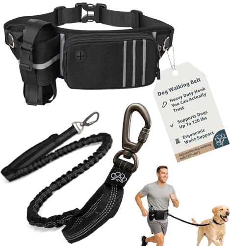 PetVenture Ultimate Safety Hands-Free Dog Leash – Heavy Duty Secure Hook, Shock-Absorbing Bungee, Waist Belt & Pouch, Dual Handles – Fits All Dog Sizes