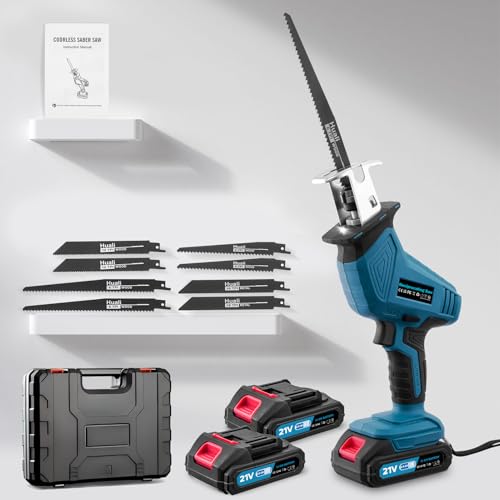 Viugreum Säbelsäge, 21V akku säbelsäge, 4000 RPM Bürstenloser Motor Akku Universalsäge, Säbelsägen mit LED Licht, 8 Sägeblätter, 2 Batterien, Fuchsschwanz Säge Elektrisch für Baustelle Garten