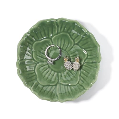 Image of Flower Ring Dish Holder,Jewelry Dish Tray,Small Trinket Tray,Jewelry Plate Bowl,Key Bowl,Decorative Plate,Birtdhay Christmas Gifts for Women Friends,Ceramic Green