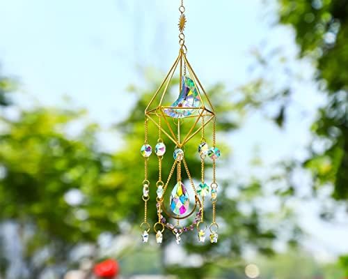 H&D HYALINE & DORA Handmade Crystal Suncatcher Wind Chimes with Glass Moon Star Prism,Hanging Sun Catcher for Windons Garden Decoration