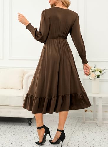 Dokotoo Womens 2024 Wrap V-Neck Twist Knot Long Sleeve Empire Waist Midi Maxi Dress A-Line Ruched Flowy Dress with Pockets2