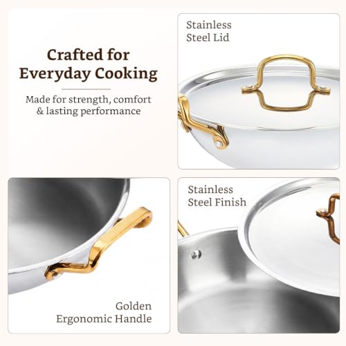 Image of Amazon Brand - Solimo Premium Triply Stainless Steel Kadhai 26cm (3.2L) | SS Lid | Even Heating | Gas & Induction Compatible | Dishwasher Safe | Food Safe SS 304 | Elegant Golden Handles | BIS Certified