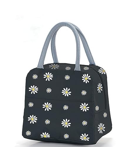 XFDXKLY Lunch Bag, Portable Waterproof Lunch Bag, Insulated Lunch Bag, Insulated Picnic Bag, Suitable for Women, Men, Schools, Offices, and Picnics (Black Daisy)