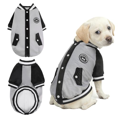 Image of BEAUTYZOO Dog Sweaters for Small Medium Large Dogs, Dog Hoodie Warm Fleece Dogs Winter Clothes Cute Stylish Boy & Girl Dog Sweatshirts, Grey Sport Coats Baseball Uniform Jackets for Puppy, M