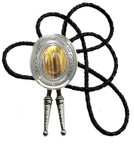 Image of Moranse Bolo Tie with Natural Tiger Eye Stone Celtic Style Genuine and Cowhide Rope