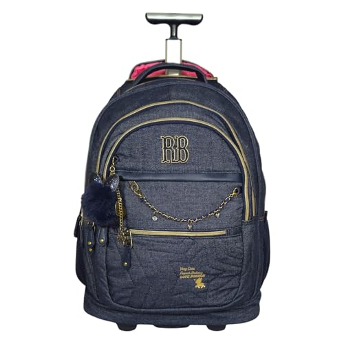 Mochila de Rodinhas Escolar Rebecca Bonbon, Jeans Azul Marinho, com Chaveiro Pel�cia, Design Luxo, Compartimentos M�ltiplos, Interior Rosa