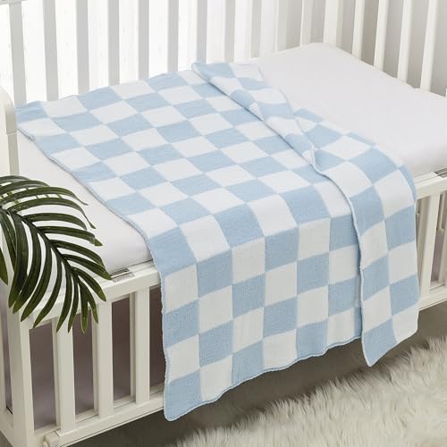Image of CREVENT Warm and Soft Chenille Blanket for Girls and Boys, Essentials for Newborns, Reception Gift for Baby Softness - Blue Checked 75 x 100 cm