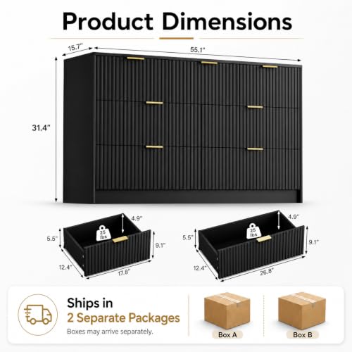 Image of Furniway Black 7 Drawer Dresser for Bedroom, 55.1 inch Wide Fluted Wood Dresser