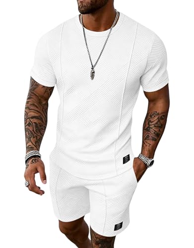 UOUA Mens Short Sets 2 Piece Summer Outfits Casual Crew-Neck Shirts & Shorts Track Suit Jogging Loungewear White XL