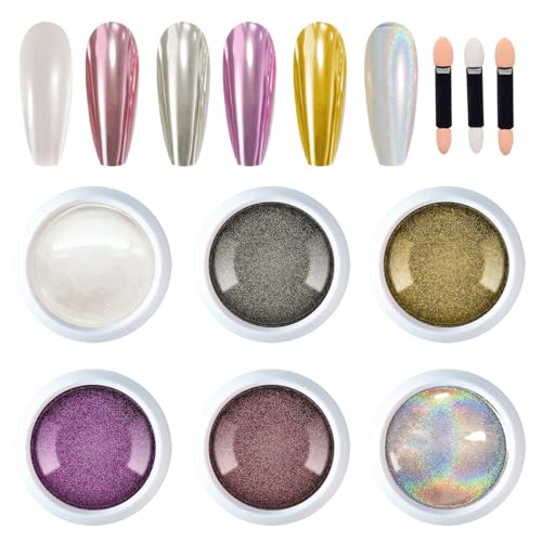 GZMAYUEN 6 couleurs de poudre à ongles chromée, effet miroir métallique holographique, nacrée blanche magique pour la décoration d'art d'ongles