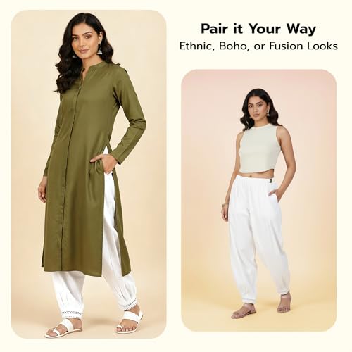 Image of Happy Bunny Women's Cotton Afghani Salwar with Lace Embroidery Detailing - Elastic Waist, Comfortable Loose Fit Bottoms for Casual, Ethnic