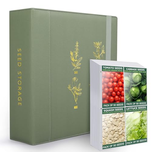 Seed Storage Organizer Binder with 50 Pack Sheet Protectors that stores 200 Seed Envelopes PU Leather Cover 2.5 D-Ring Binder Gift For Garden Lover