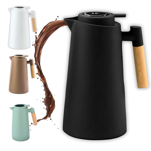 Garrafa Térmica Nórdica 1L com Termômetro Digital LED e Cabo de Madeira Premium - Mantém Bebidas Quentes ou Frias, Design Moderno, Vácuo Duplo, Antiderrapante, Ideal para Café e Chá (Preto)