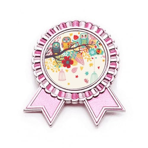 Badge broche hiboux et fleurs rose en métal de taille M pour veste et sac à dos