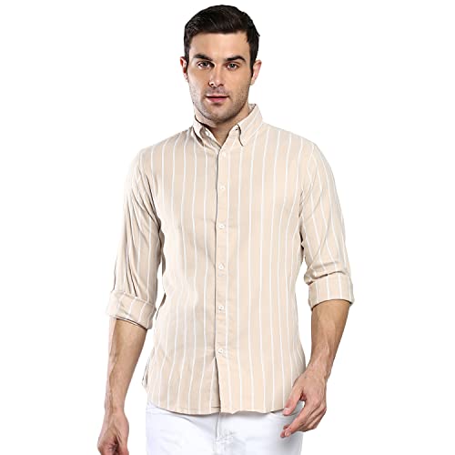 Image of Dennis Lingo Men's Striped Slim Fit Oxford Cotton Casual Shirt with Button Down Collar & Full Sleeves