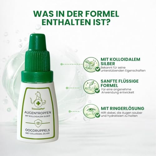 TraumaPet Augentropfen Hund & Katzen mit Kolloidales Silber | Reinigt & Befeuchtet Augen | Für rote Augen, Reizung & Tränenflecken | Unterstützt Augenpflege & tägliche Anwendung | 10 ml Tropfflasche