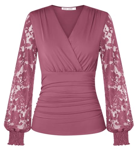 GRACE KARIN Damen Elegante Spitzen Bluse Kreuz V-Ausschnitt Sexy Wickelbluse