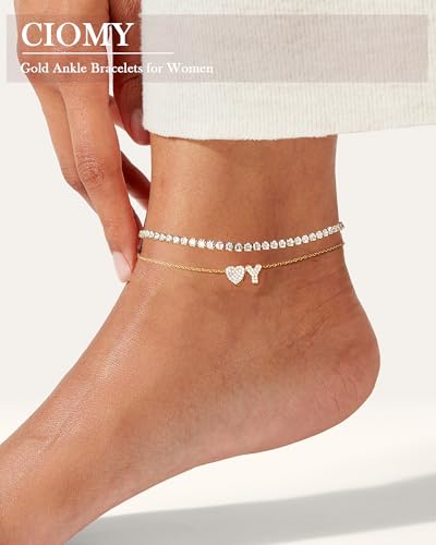 Image of Gold Initial Ankle Bracelets for Women 14K Gold Plated CZ heart Tennis Anklets for Women Waterproof Adjustable Initial Anklets Large Ankle Summer Beach Foot Jewelry