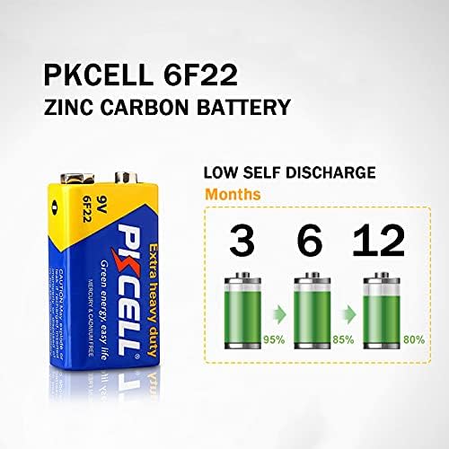 PKCELL 9V 6F22 High Performance Square Battery for Smoke Detectors, Remote Controlled Car  4 pieces  PKCELL