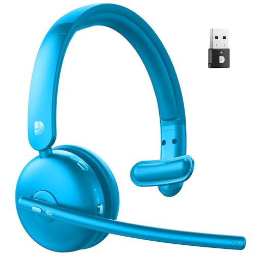 Wireless Headset with Mic for Work, Bluetooth Headset with Mic, AI Noise Cancelling, 65H Battery & Mute Function, Single-Ear Wireless Headset & USB Dongle, Fit for PC/Laptop/Teams/Call Center Sky Blue