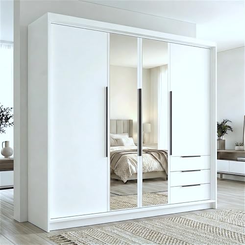 A&J MöbelLand VIVO Kleiderschrank 4-türig mit Spiegel und Schubladen – 200 x 215 cm – Drehtürenschrank mit Kleiderstange und Einlegeböden