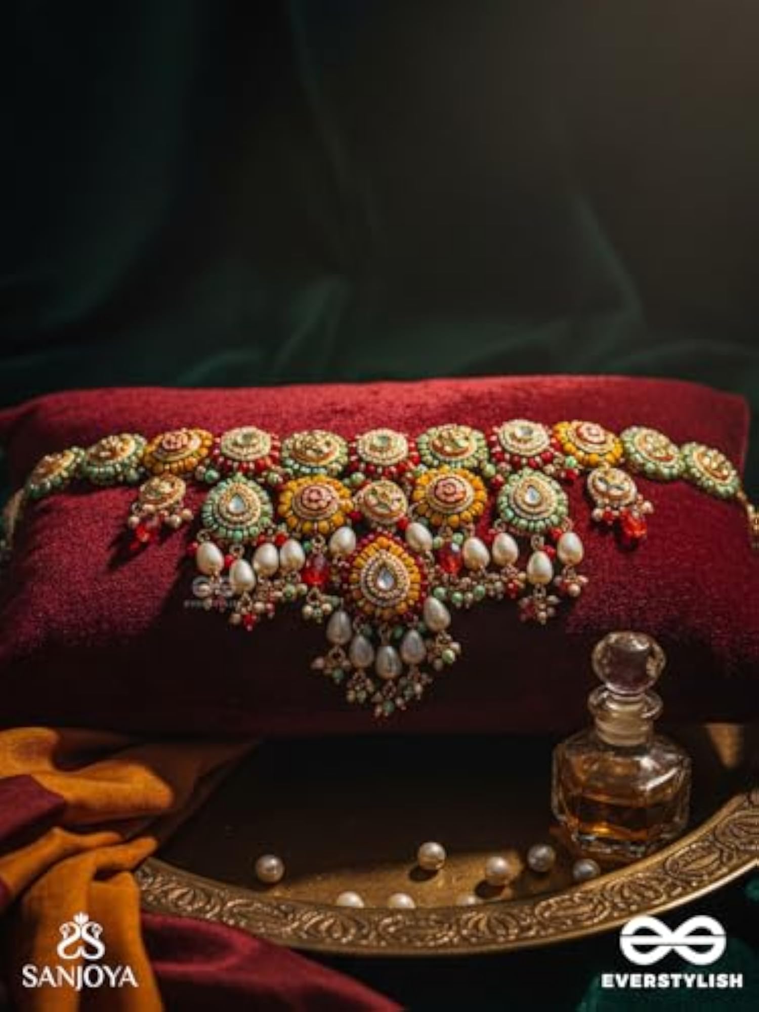 Women's Multi Color Enamelled Kundan Necklace with Pearls