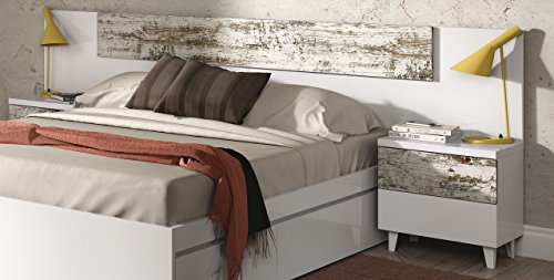 Abitti Cabezal con 2 mesitas en Blanco Brillo y Vintage para Dormitorio de Matrimonio, 100x247x34cm