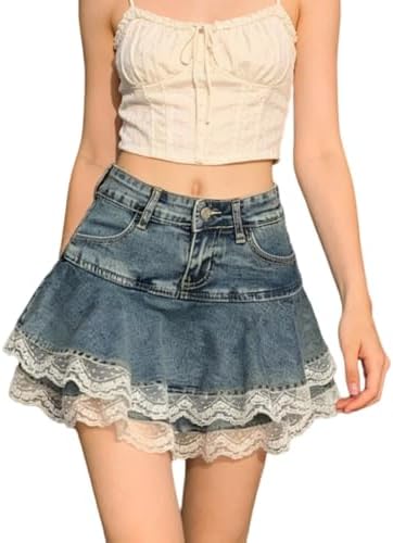 Y2K Minissaia jeans com babados para mulheres, cintura alta, acab...