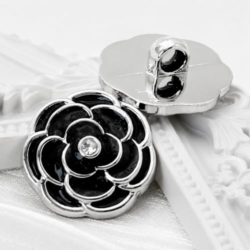 Image of Pack of 6 Resin Rose Flower Buttons Diameter 20 L Shank Button for Sewing On Blazer Jacket and Art and Craft| Beautiful Black Rose with Silver Edges and Rhinestone in Centre