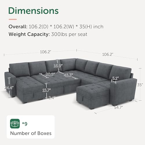 Image of HONBAY Modular Sectional Sleeper Sofa with Pull Out Couch Bed, U Shaped Couch with Storage, Sectional Couches for Living Room, Bluish Grey