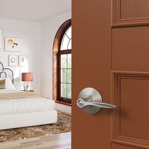 Image of Schlage F40 DEL 619 Delfayo Door Lever with Standard Trim, Bed & Bath Privacy Lock, Satin Nickel