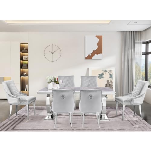 Anewsun 7 Pieces Dining Table Set, Grey and Silver Kitchen and Dining Room Sets for 6 with Silver Metal Circling Base Dining Table and Silver Gray Velvet Upholstered Dining Chairs