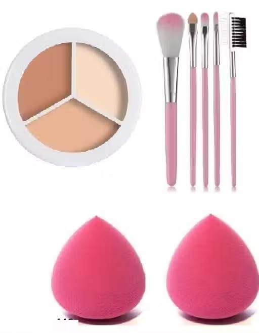 3-Shade Concealer Palette with 5 Makeup Brushes and 2 Beauty Blender Sponges, Multicolor