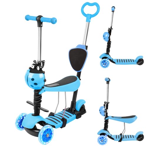 Belfoyer Patinete Infantil 5 en 1 Azul para Nino Nina de 2 8 Anos Patinete con Asiento Desmontable y Manillar de Empuje Ajustable Scooter de 3 Ruedas con Luces LED Silenciar