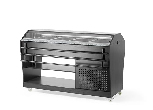 HENDI Buffet-Theke, gekühlt, mit 4x GN1/1 Behälter, 2 Ablageboden, Temperaturbereich: 2° bis 10°C, 4 Lenkrollen, Schutzabdeckung, Salatbar, 230V/170W, 1490x1260x(H)1370mm, Edelstahl, Glas, schwarz