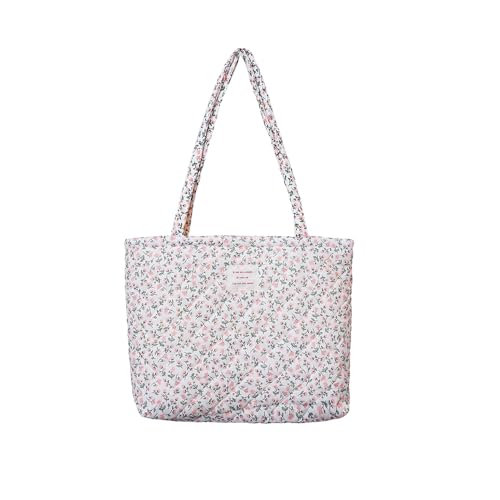 Image of Floral Quilted Cotton Shoulder Bag for Women Daily Use Medium Size Handbag Large Capacity Thickened Design Tote