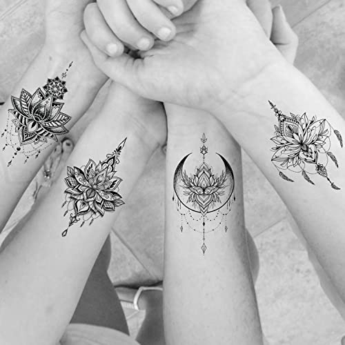Egmbgm 15 Sheets Sexy Black Lotus Temporary Tattoos For Women Fake Jewelry Indian Tribal Bohemia Lace Moon Moth Flowers Pendant Temp Tattoos Temporary Sticker For Girls Arm Neck Chest Breast Tatoos Boobs #TOP2