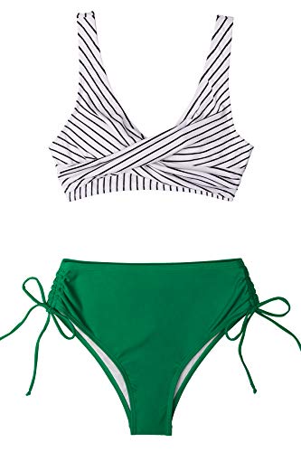 Cupshe Women's Bikini Sets Ruched Lace Up Bikini High Waisted Two Piece Swimsuits Fresh Green M #TOP1