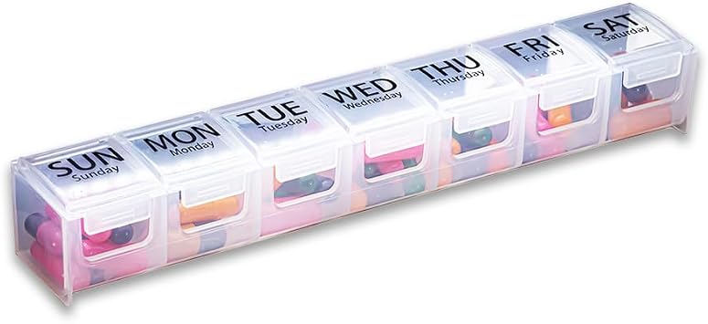 GMS Weekly Pill Organizer - 7-Day Labeled Compartment Pill Case for Supplements, Vitamins and Medication - Secure Latches - Ideal for Daily Use & Travel - Clear