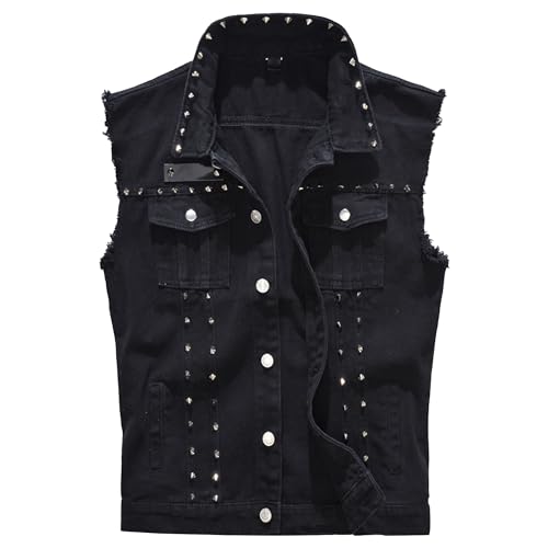 Mens Punk Rock Denim Vest Jacket Lapel Waistcoat with Rivets Jackets Button Trucker Jean Sleeveless Vests