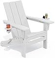 SERWALL Modern Folding Adirondack Chair with Cup Holders, All Weather Resistant Outdoor Adirondack Chair, HDPE Fire Pit Chair for Patio Lawn Graden, White